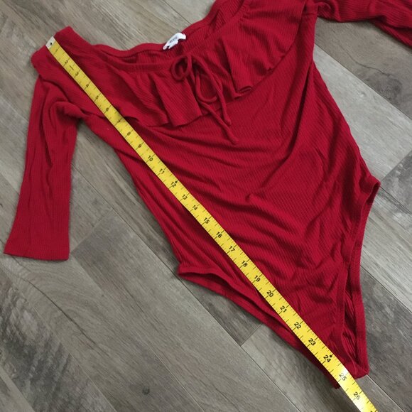 Flamenco Red Ruffle Collar 3/4 Sleeve Bamboo Bodysuit - Picture 14 of 15